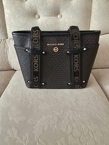 nakit bizuterija novi sad: Michael Kors tote torba, tamno braon monogram (MK) platno sa crnim — 3