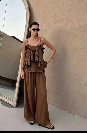 sako i pantalone komplet: Zenski komplet – top na bretele sa volanima + široke pantalone 2900 — 5