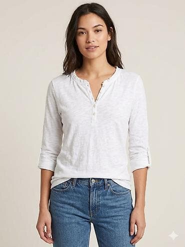 Ženska majica dugih rukava, bela - Model: henley stil sa kratkom