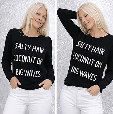 guess dzemper: Ženski crni džemper sa natpisom “SALTY HAIR COCONUT ON BIG WAVES”. - — 2
