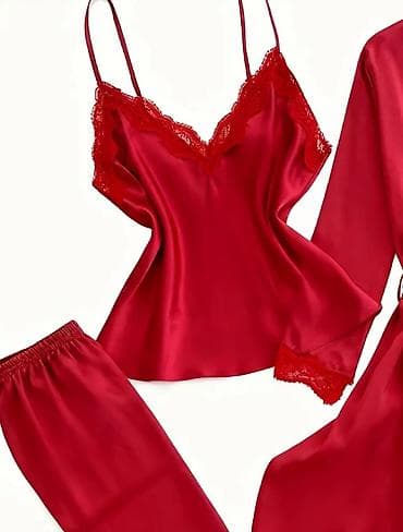 pidzame jednodelne: Ženski satenski set za spavanje – 5 delova, bordo/crvena - Materijal — 5