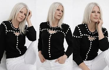 Ženska obuća: Crni džemper sa ukrasnim bisernim aplikacijama - Boja: crna - Kroj — 1