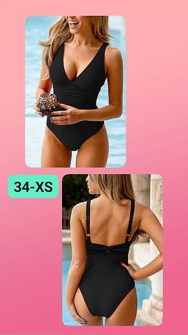 Jednodelni ženski kupaći kostim – crni, rebraste teksture. - V-izrez