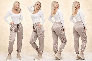 Ženska obuća: Ženske satenske cargo jogger pantalone – bež/šampanj ton - Kroj — 3