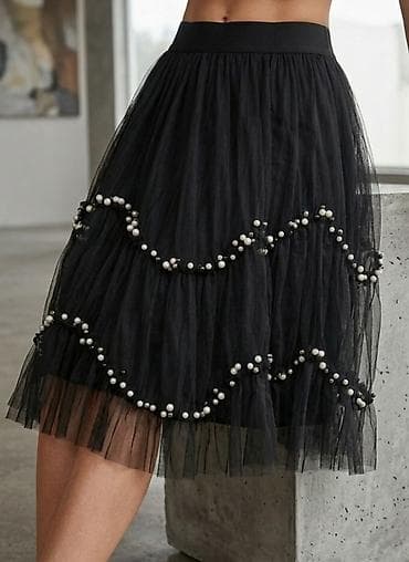 Crna midi suknja od tila sa perlama - Materijal: višeslojni til sa