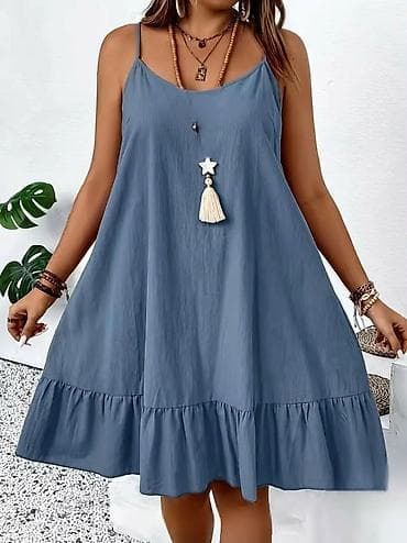 suknja u cvikle: Letnja haljina na tanke bretele – plavo-siva - Kroj: A-line, širok i — 1