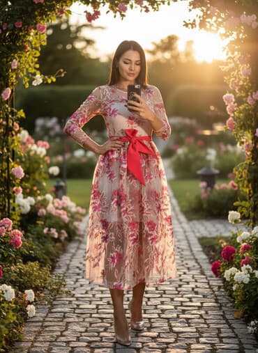 Elegantna midi haljina od providnog tila sa cvetnim vezom. Osnova u