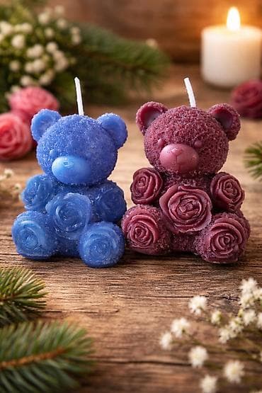 Ukrasne sveće u obliku medveda sa ružama - Ručno liveni dekorativni