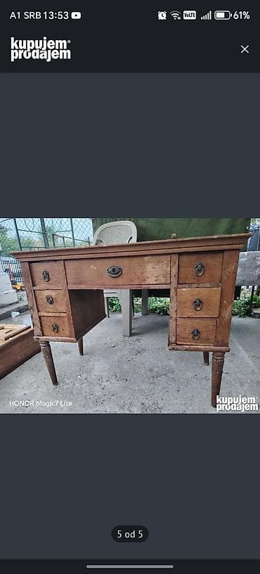 polovni ormar: Drveni vintage radni sto sa fiokama - Materijal: puno drvo - — 4