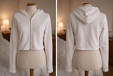 Ostalo: Kratka bela dukserica sa kapuljačom i rajsferšlusom - Model: ženska — 3