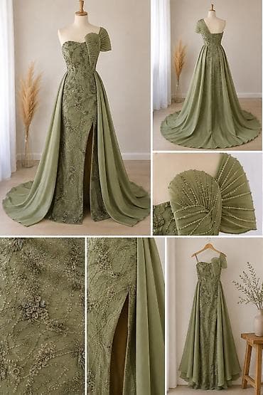 ivet jakne: Elegantna večernja haljina S/M– maslinasto zelena - Kroj: asimetrični — 2