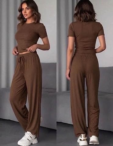 trikotažne pantalone: Ženski komplet za svaki dan – majica kratkih rukava + široke pantalone — 2