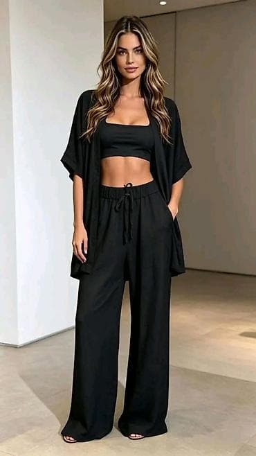 bermude sa dzepovima: Ženski trodelni komplet – kardigan, top i široke pantalone. - — 5