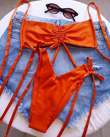 ogrtac za kupaci: Bikini set – narandžasti, sjajni materijal - Dvodijelni kupaći kostim — 3