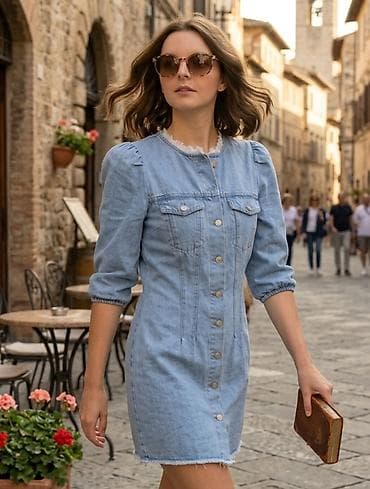 brushalter c: Denim haljina sa dugmadima sprijeda - Materijal: svetloplavi teksas — 1