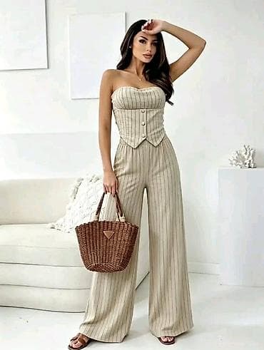 butik 13 kompleti: Ženski dvodelni komplet – korset top i široke pantalone s prugama - — 5