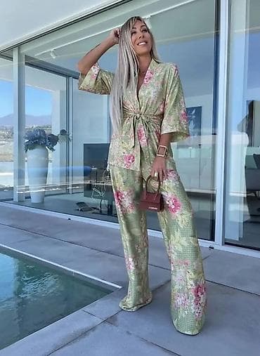 torba od perlica: Damski komplet – kimono + široke pantalone - Elegantni dvodelni — 3