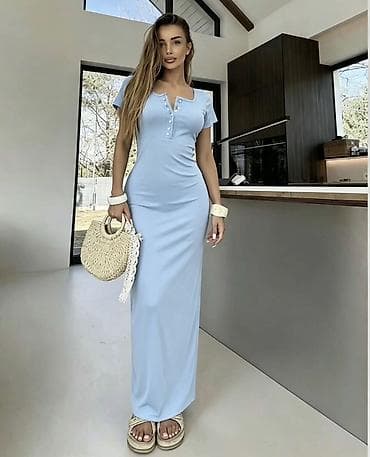 Haljine: ✅Ženska maxi haljina sa kratkim rukavima i dekorativnim dugmadima — 2