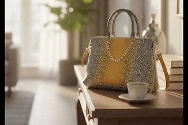 mona zenski kaisevi: Elegantna ženska torba sa monogram šarom i kontrastnim panelom u žutoj — 1