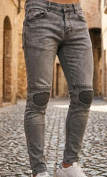 bele subare: Muške uske farmerke (skinny fit) u sivoj ispranoj nijansi, sa moto — 1
