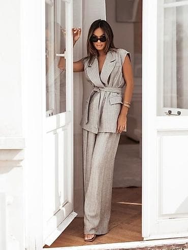 komplet prsluk i pantalone: 🔥Ženski dvodelni komplet – prugasti sako bez rukava i široke pantalone — 4