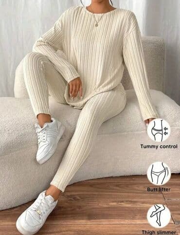 helanke koje podizu zadnjicu: Ženski komplet – rebrasti duks i helanke, bež/ekru nijansa. - — 4