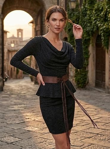 Elegantna ženska haljina u tamnosivoj boji sa dugim rukavima i