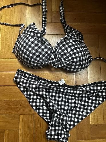 karirani kompleti: Dvodijelni kupaći kostim – crno-bijeli gingham karo sa tačkicama - — 1
