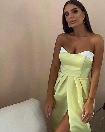 nudida womens clothing: Elegantna midi haljina bez bretela u nežno žutoj boji sa belim — 1