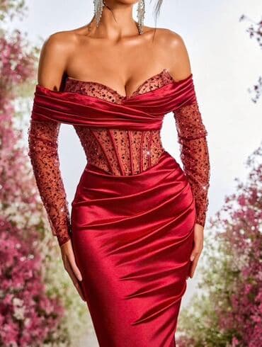 crna teksas haljina: A-Dress bоја - Crvena, Večernji, maturski, Dugih rukava — 2