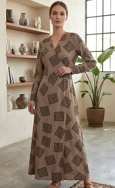 torbice za devojke: Duga haljina sa geometrijskim printom - Boja: topla bež osnova sa — 1