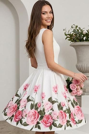 Bela midi haljina sa cvetnim printom ruža - Kroj: bez rukava, struk — 1
