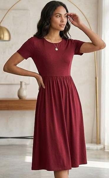97 bele: Žensko midi haljina – bordo - Kroj: struk naglašen, blago nabrana — 1