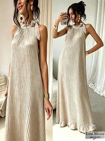 Duga plisirana haljina bez rukava sa mašnom na vratu – Emi Moda, Made