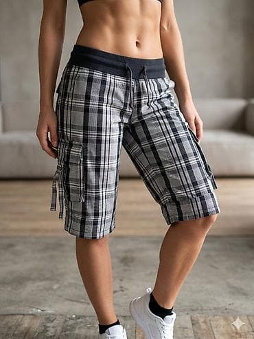 Ženske karirane bermude sa džepovima - Dizajn: sivo-crno-beli