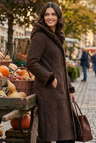 patike prada: Duga ženska zimska jakna/kaput sa kapuljačom u tamno braon boji — 1