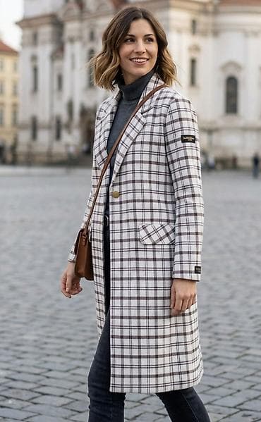 keper jakne: Ženski kaput sa kariranim dezenom - Dizajn: dugi kaput ravnog kroja — 1