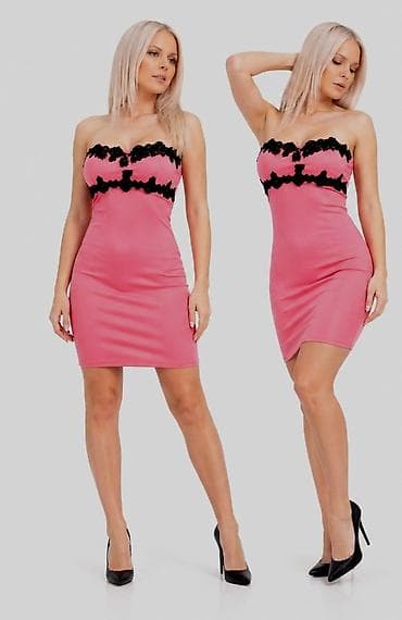 Dresses: Koktel haljina bez bretela – roze boja breskva sa crnom čipkom - — 2