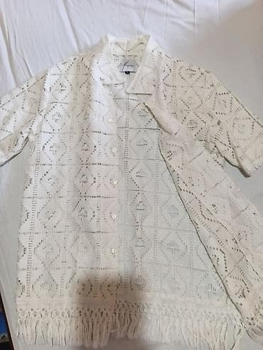 asimetrične tunike: Bela heklana košulja/kimono sa resama - Materijal: mrežasta heklana — 2