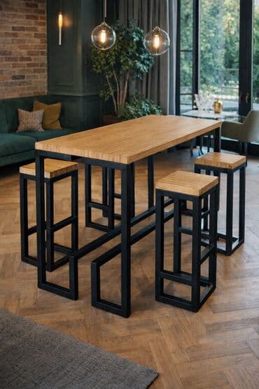 Sets of table and chairs: Industrijski bar sto sa tri barske stolice – masivno drvo i čelik - — 5