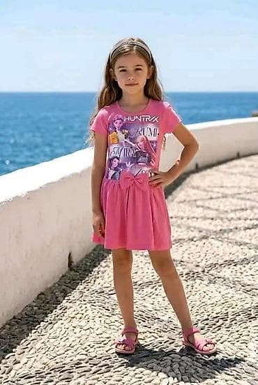 kombinezon l: Dečija letnja haljina – roze - Model: kratke rukave, kružna suknja sa — 1