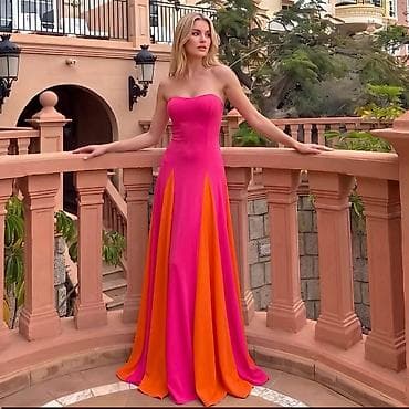 ljubičasta haljina: Elegantna večernja haljina bez bretela – fuksija i narandžasta - — 1