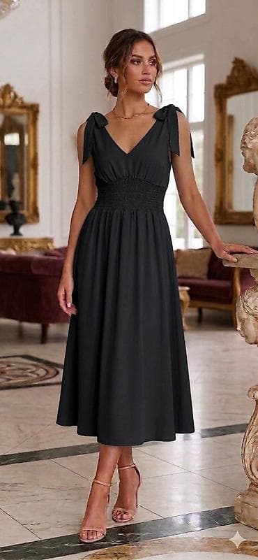 vitafon t: Elegantna midi haljina sa mašnama na ramenima - Model: midi dužina — 2