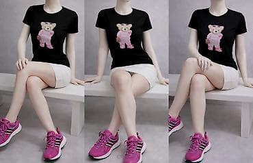 papuce sa grejacima: Ženska majica kratkih rukava – crna, sa printom medvedića u roze — 3