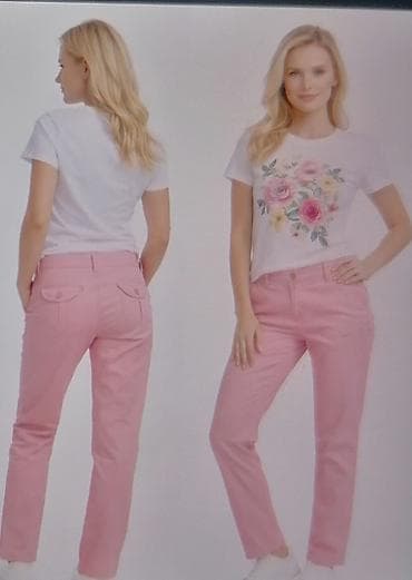 poderane farmerke: Ženske pantalone – svetlo ružičaste boja puder roze - Kroj: ravan — 3