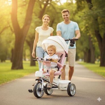 Dečiji tricikl 2-u-1 sa ručkom za roditelja i tendom - — 2