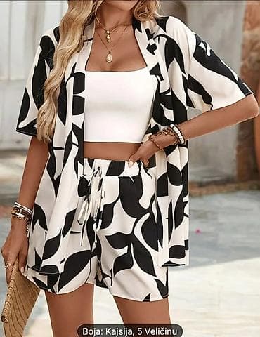 belo odelo: Ženski dvodelni letnji komplet – kimono i šorts - Dizajn: crno‑beli — 4