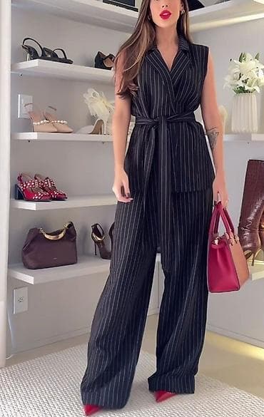 komplet prsluk i pantalone: 🔥Ženski dvodelni komplet – prugasti sako bez rukava i široke pantalone — 5