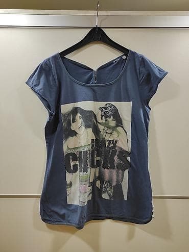 Teget majica sa aplikacijom, pamuk. Polovna. Veličina L, poluobim