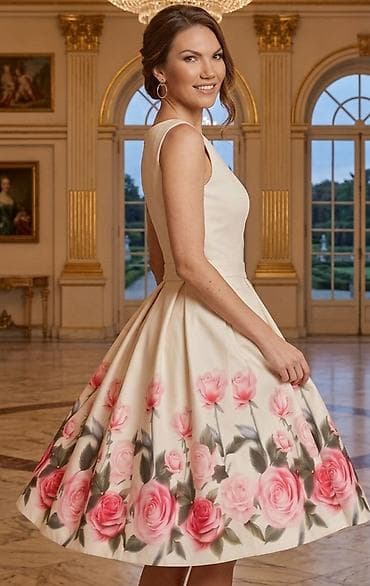 Elegantna midi haljina sa cvetnim printom - Kroj: bez rukava, struk